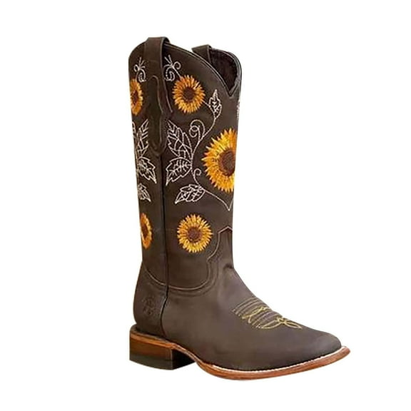 Cowboy Boots for Women Sunflower Embroidery Stitched Square Toe Low Heel Boot Ladies Mid-Calf Cowgirl Western Boots Pointy Toe Fashion Boots Khaki Brown Coffee US 6-10.5