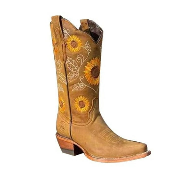 Cowboy Boots for Women Sunflower Embroidery Stitched Square Toe Low Heel Boot Ladies Mid-Calf Cowgirl Western Boots Pointy Toe Fashion Boots Khaki Brown Coffee US 6-10.5