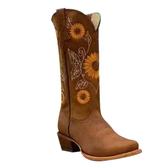 Cowboy Boots for Women Sunflower Embroidery Stitched Square Toe Low Heel Boot Ladies Mid-Calf Cowgirl Western Boots Pointy Toe Fashion Boots Khaki Brown Coffee US 6-10.5