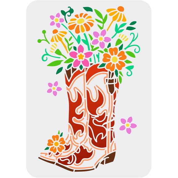 Cowboy Boots and Flower Painting Stencil 8.3x11.7inch Reusable Western Theme Drawing Template PET Plastic Hollow Out Stencils
