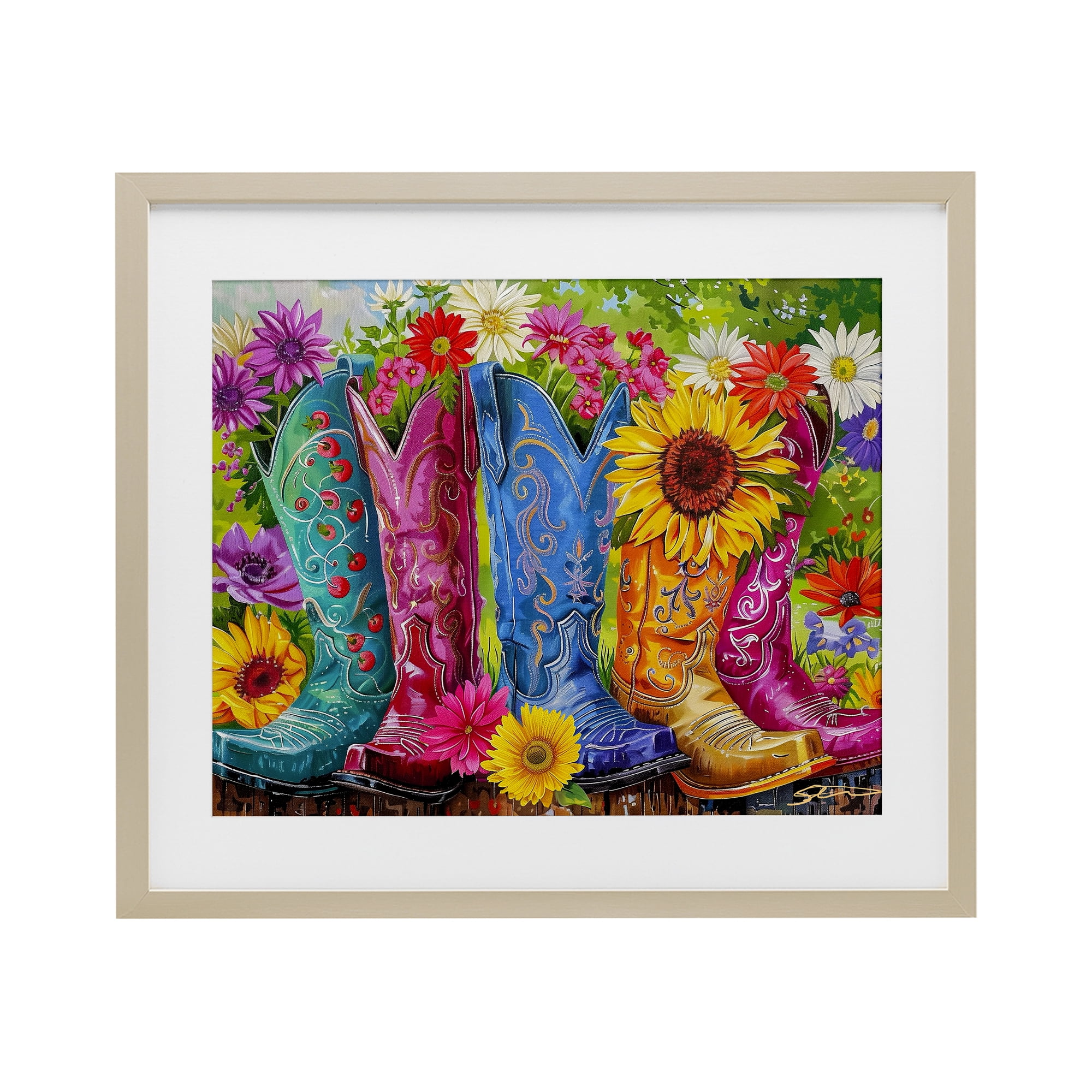 Cowboy Boots and Sunflowers Birch Framed Print Under Glass, design by Shawna Stewart