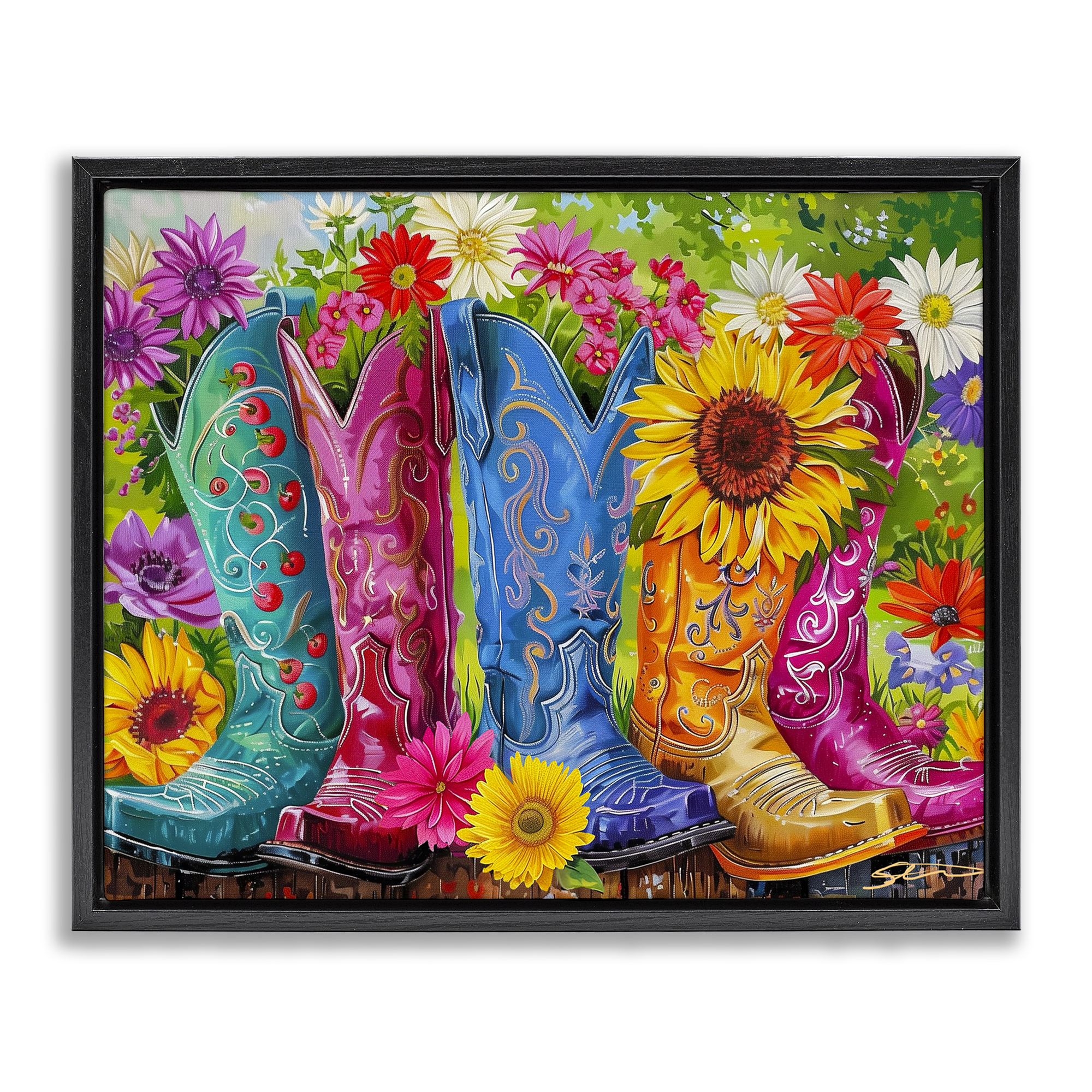 Cowboy Boots and Sunflowers Black Framed Floater Canvas Wall Art, design by Shawna Stewart
