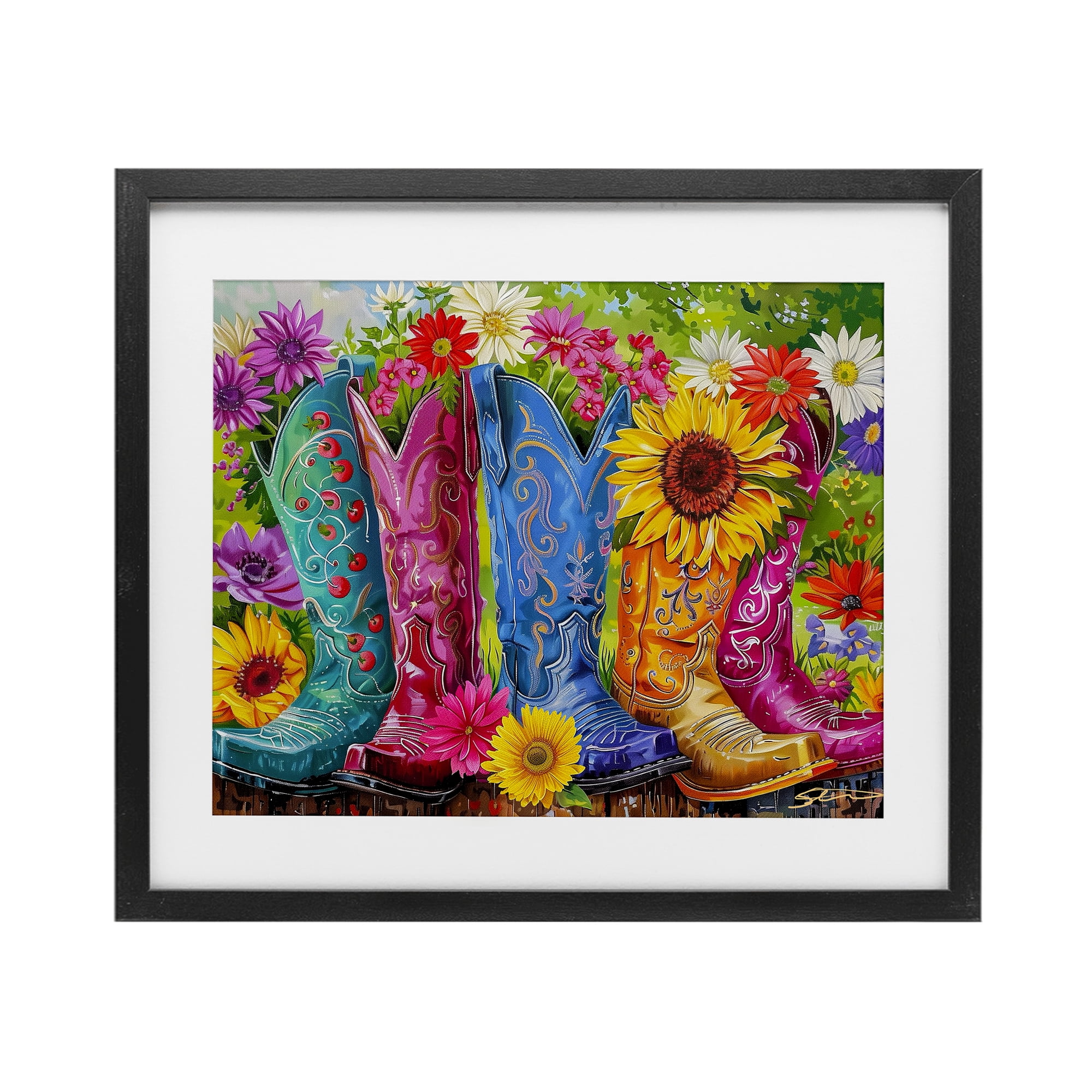 Cowboy Boots and Sunflowers Black Framed Print Under Glass, design by Shawna Stewart