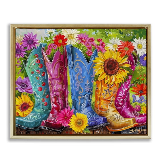 Cowboy Boots and Sunflowers Gold Framed Floater Canvas Wall Art, design by Shawna Stewart