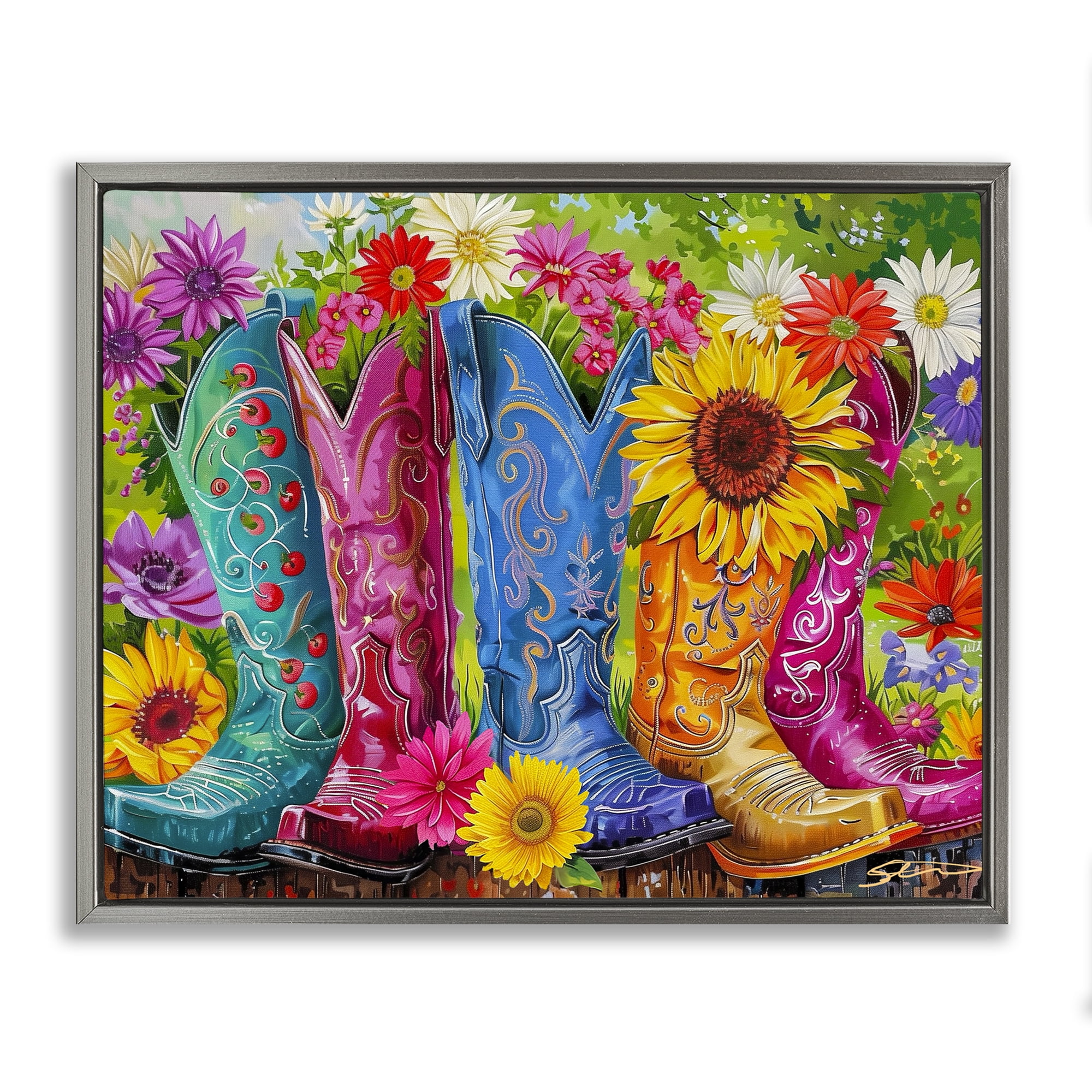 Cowboy Boots and Sunflowers Gray Framed Floater Canvas Wall Art, design by Shawna Stewart