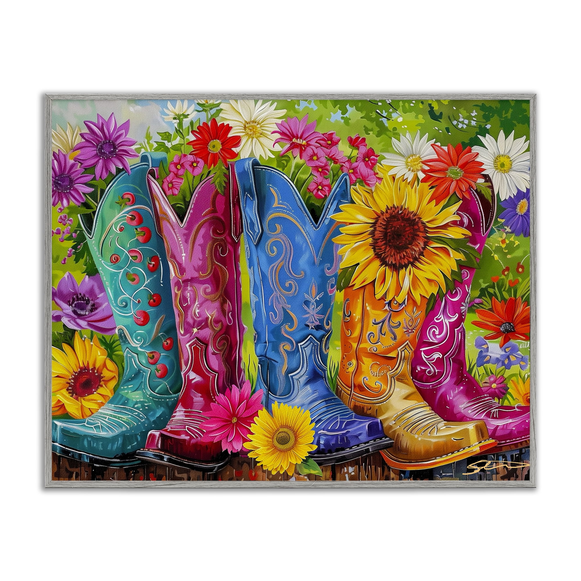 Cowboy Boots and Sunflowers Gray Framed Giclee Art, design by Shawna Stewart