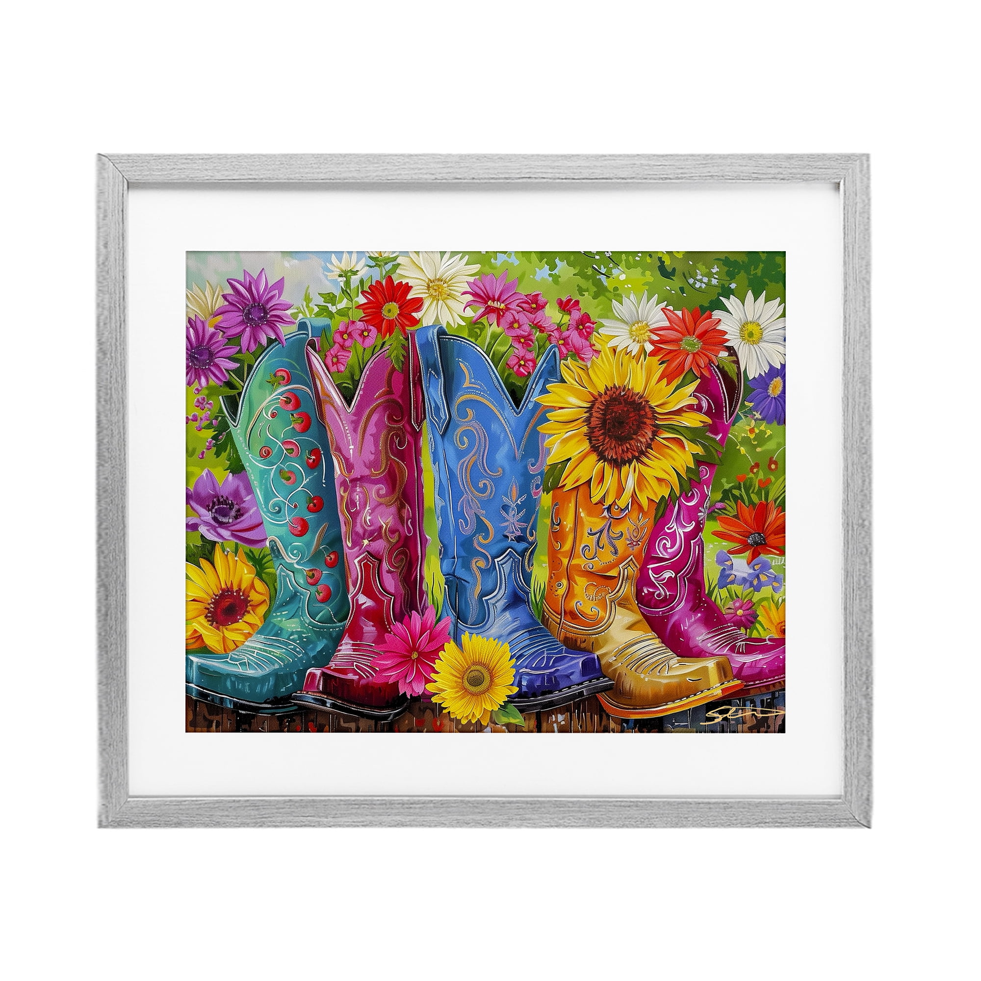 Cowboy Boots and Sunflowers Gray Framed Print Under Glass, design by Shawna Stewart