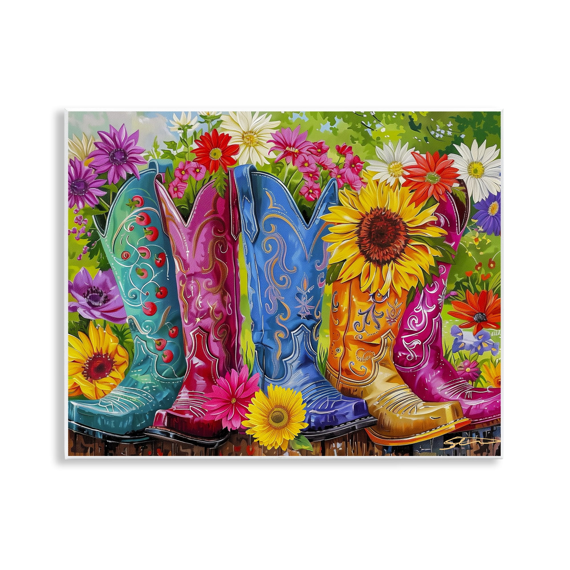 Cowboy Boots and Sunflowers Wall Plaque Art, design by Shawna Stewart