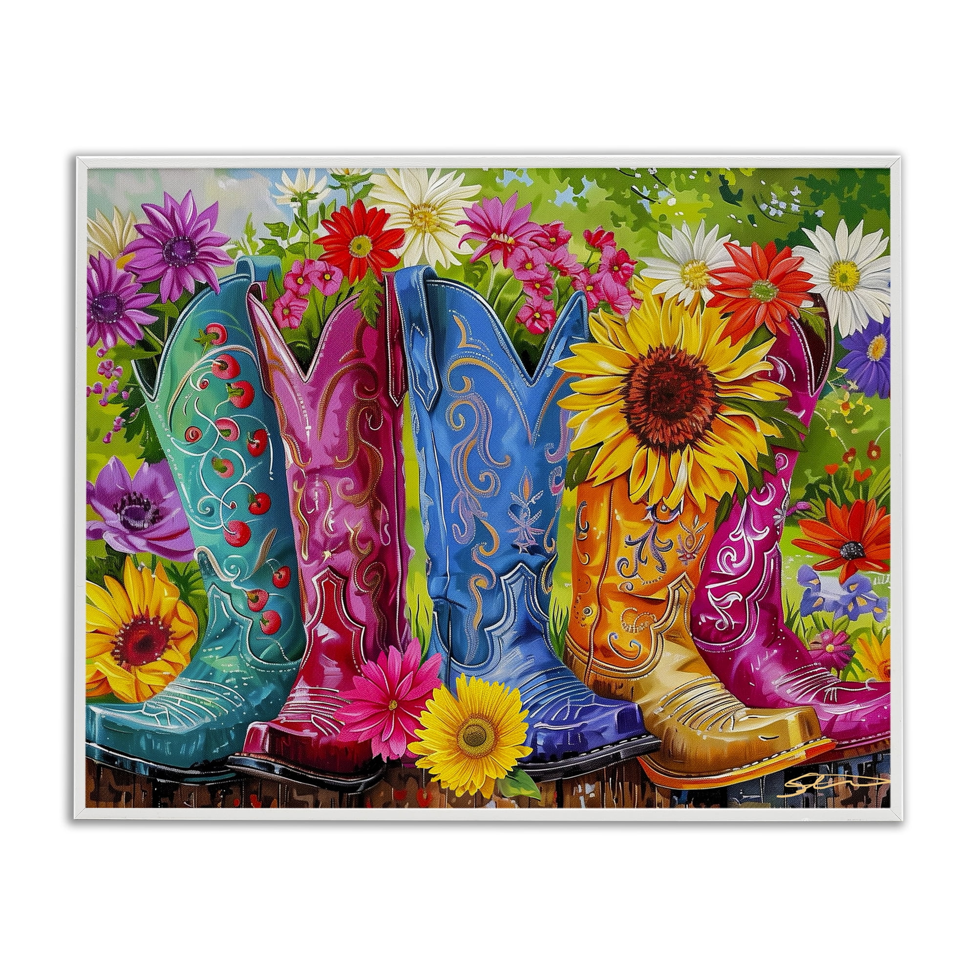 Cowboy Boots and Sunflowers White Framed Giclee Art, design by Shawna Stewart