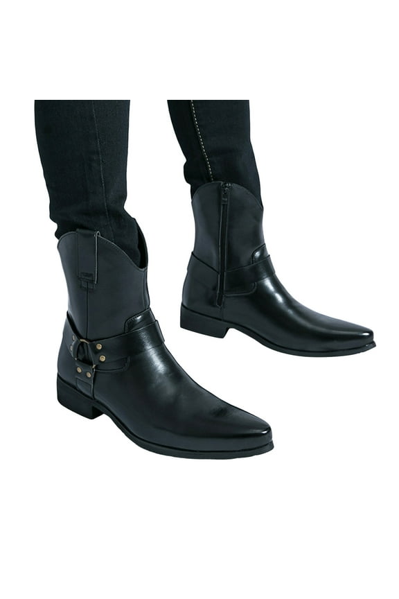 Cowboy Boots for Men Classic Pointy Toe Wide Calf Western Booties Business Office Work Oxfords Buckle Pull on Dress Shoes