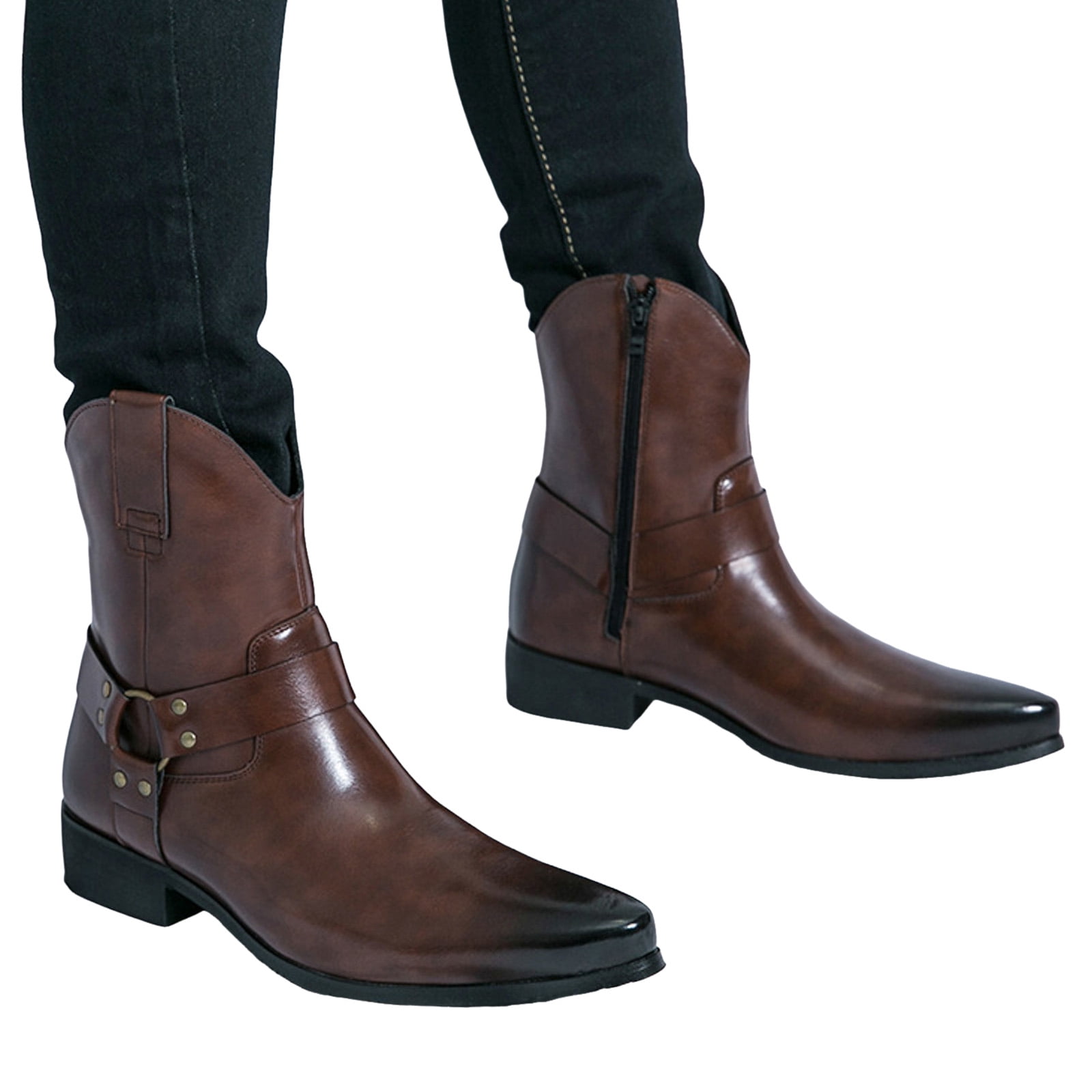 Rokment Cowboy Boots for Men Leather Pointed Toe Chunky Low Heel Wide Mid Calf Dressy Oxfords Work Boots Brown, Men's, Size: