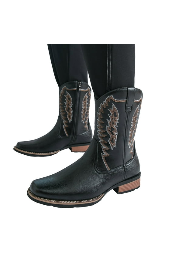 Cowboy Boots for Men Slip on Western Work Booties Embroidered Square Toe Country Ankle Boots Size 8-12