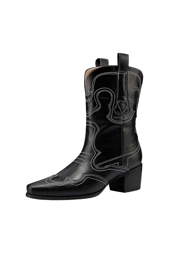 Cowboy Boots for Women Black Red Leather Pointed Toe Chunky Mid Heel Wide Calf Western Cowgirl Boots Slip on Short Booties