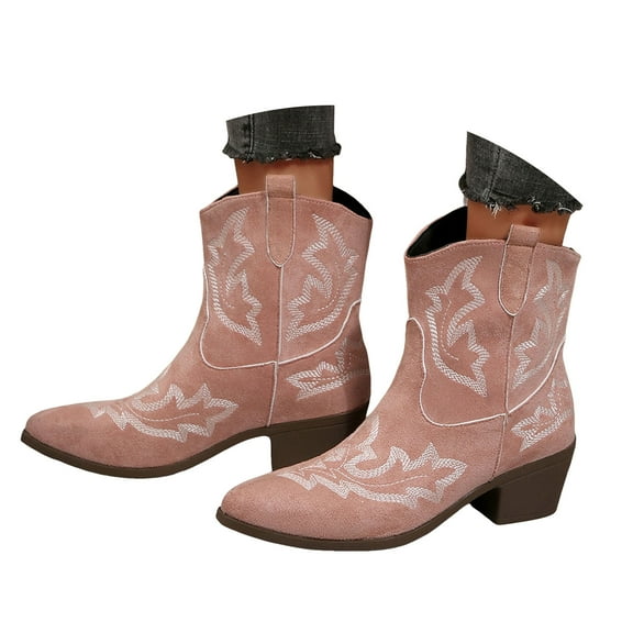 Cowboy Boots for Women Cowgirl Western Wide Calf Ankle Booties Low Chunky Heel Embroidered Classic Short Boot