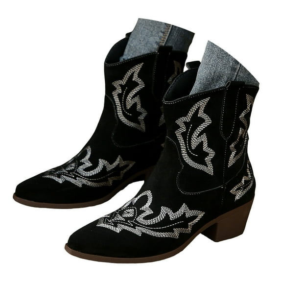 Cowboy Boots for Women Cowgirl Western Wide Calf Ankle Booties Low Chunky Heel Embroidered Classic Short Boot