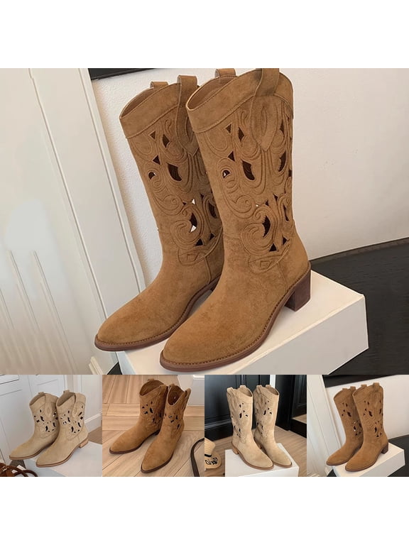 Cowboy Boots for Women Cutout Mid Wide Calf Stylish Low Chunky Heel Suede Pull on Casual Western Ankle Booties