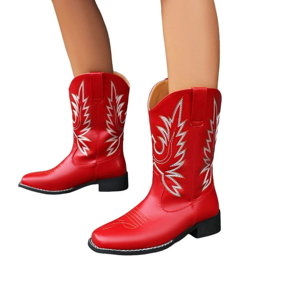 Cowboy Boots for Women Embroidered Leather Square Toe Wide Mid Calf Cowgirl Boots Fashion Western Short Dress Boots