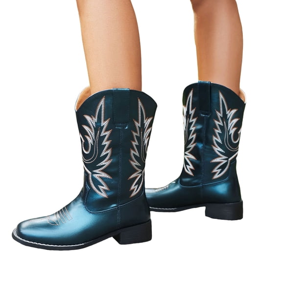 Cowboy Boots for Women Embroidered Leather Square Toe Wide Mid Calf Cowgirl Boots Fashion Western Short Dress Boots