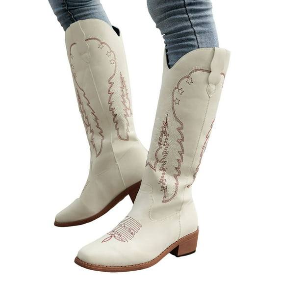 Cowboy Boots for Women Embroidered Wide Calf Knee High Cowgirl Boots Chunky Heel Western Retro Classic Country Boot