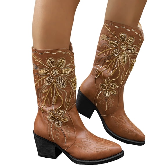Cowboy Boots for Women Embroidery Pull on Cowgirl Western Booties Chunky Heel Stitched Mid Calf Boots for Country Concerts