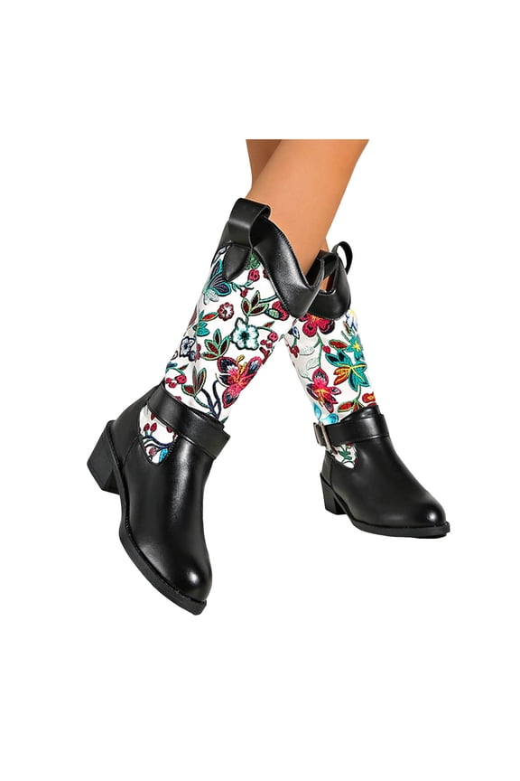 Cowboy Boots for Women Fashion Floral Print Chunky Low Heel Round Toe Dressy Mid Calf Booties