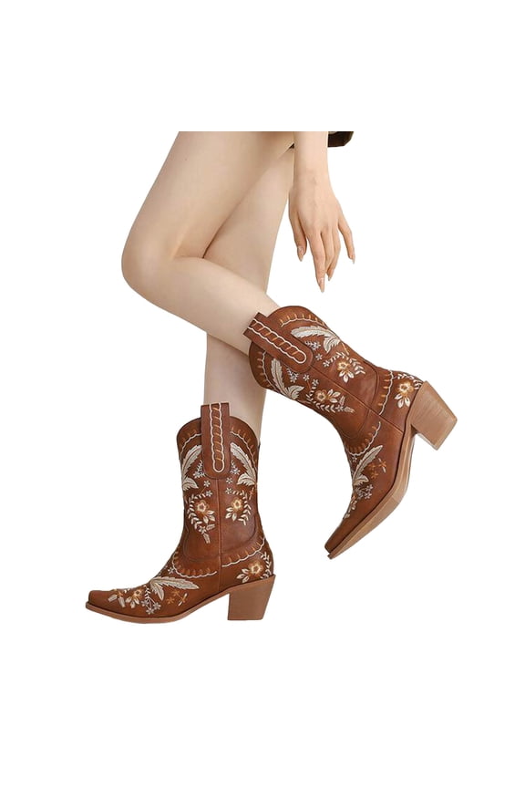 Cowboy Boots for Women Floral Embroidery Pointed Toe Chunky Heel Mid Calf Western Booties Country Concert Dress Cowgirl Boots Brown Size 8.5