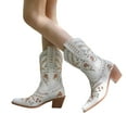 thumbnail image 1 of Cowboy Boots for Women Floral Embroidery Pointed Toe Chunky Heel Mid Calf Western Booties Country Concert Dress Cowgirl Boots White Size 6, 1 of 7