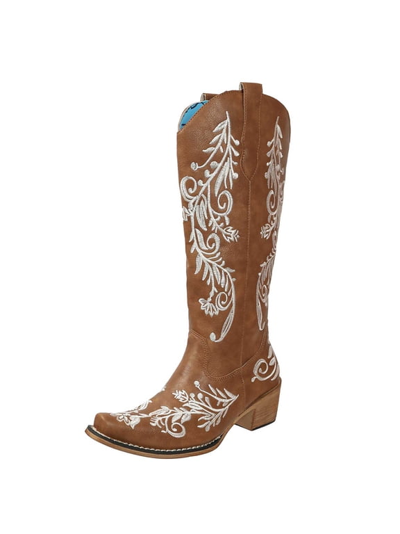 Cowboy Boots for Women - Knee High Western Cowgirl Boots, Sparkly Rhinestone Retro Country Boots with Classic Embroidered