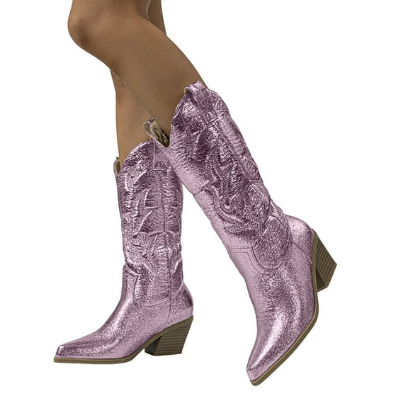 Cowboy Boots for Women Metallic Mid Calf Cowgirl Boots with Embroidered Sparkly Western Pull on Short Boots