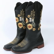 LIPROFE Cowboy Boots for Women Mid Calf Cowgirl Western Boots Sunflower Embroidery Stitched Square Toe Low Heel Black 10