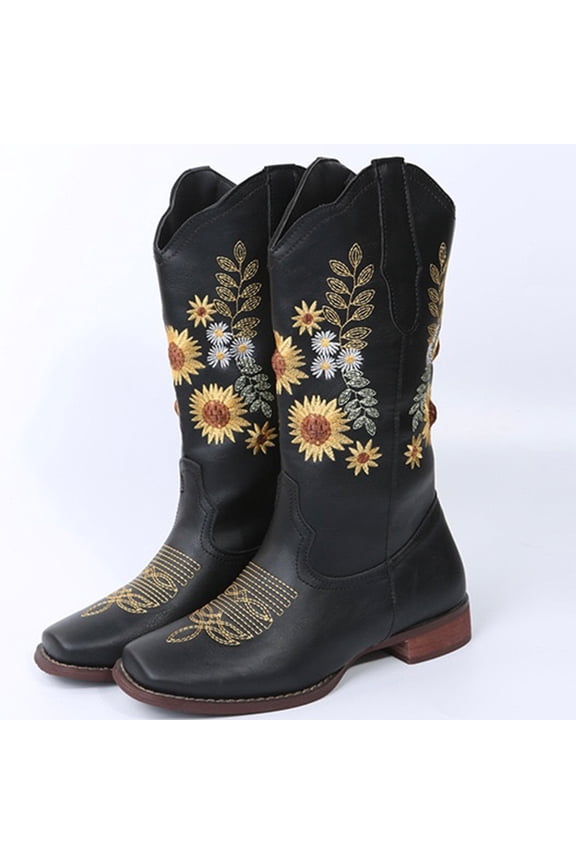 Women's Sunflower Embroidery Cowboy Boots, Square Toe, Black, Size 7