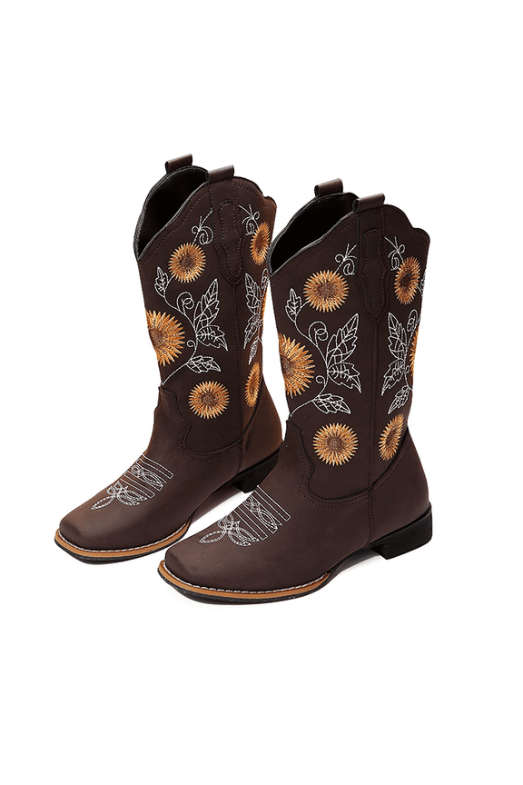 Women's Sunflower Embroidery Cowboy Boots, Low Heel, Brown, Size 10