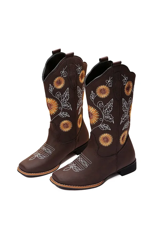 Cowboy Boots for Women Mid Calf Cowgirl Western Boots Sunflower Embroidery Stitched Square Toe Low Heel Brown 11
