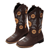 LIPROFE Cowboy Boots for Women Mid Calf Cowgirl Western Boots Sunflower Embroidery Stitched Square Toe Low Heel Brown 8