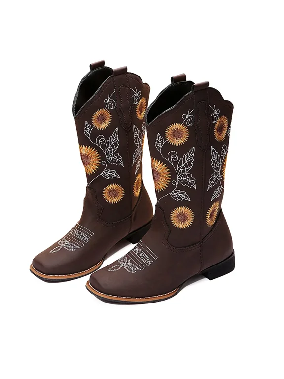 Cowboy Boots for Women Mid Calf Cowgirl Western Boots Sunflower Embroidery Stitched Square Toe Low Heel Brown 6