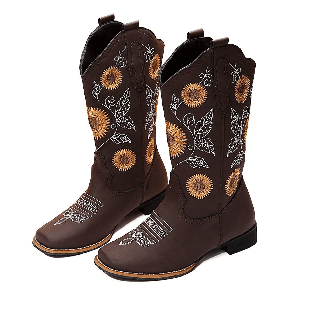 Women's Mid Calf Cowboy Boots, Sunflower Embroidery, Square Toe, Low