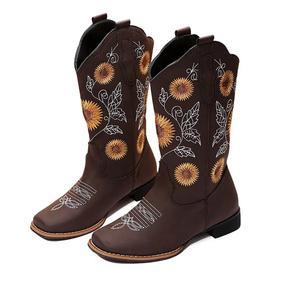 Cowboy Boots for Women Mid Calf Cowgirl Western Boots Sunflower Embroidery Stitched Square Toe Low Heel Brown 8