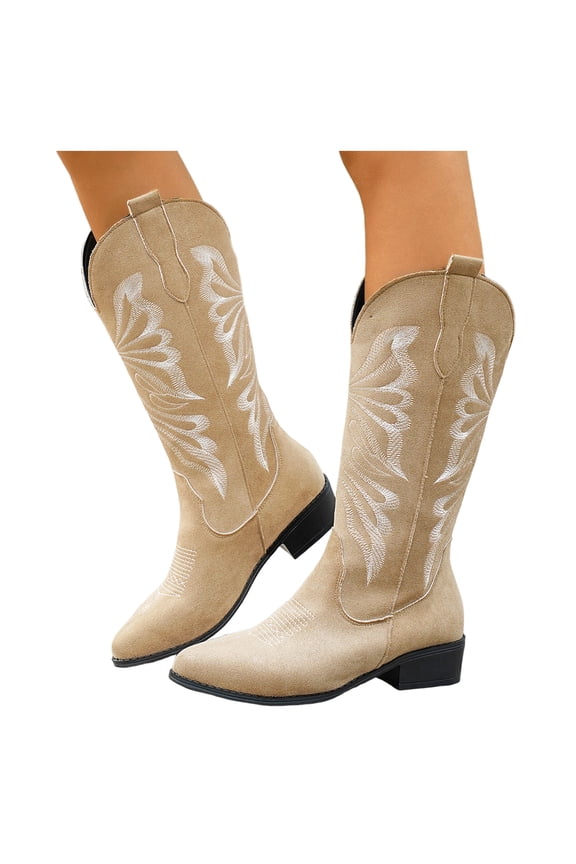 Cowboy Boots for Women Mid Calf Elegant Embroidery Western Long Fall Winter Booties Pull on Tall Boots
