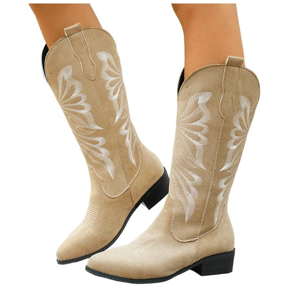 Cowboy Boots for Women Mid Calf Elegant Embroidery Western Long Fall Winter Booties Pull on Tall Boots
