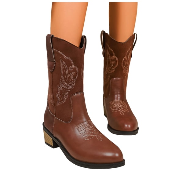 Cowboy Boots for Women Pointed Toe Embroidery Mid Calf Western Riding Boots Stacked Heel Booties