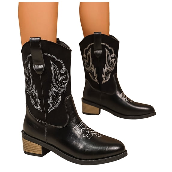 Cowboy Boots for Women Pointed Toe Embroidery Mid Calf Western Riding Boots Stacked Heel Booties