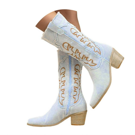 Cowboy Boots for Women Pointy Toe Chunky Heel Women's Western Boots Cowgirl Boots Mid Calf Boots Blue
