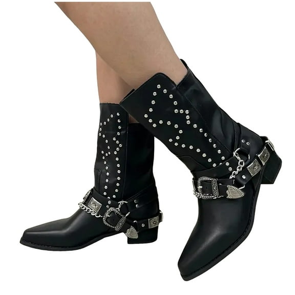 Cowboy Boots for Women Punk Studded Wide Mid Calf Motorcycle Riding Boots Gothic Western Cowgirl Booties