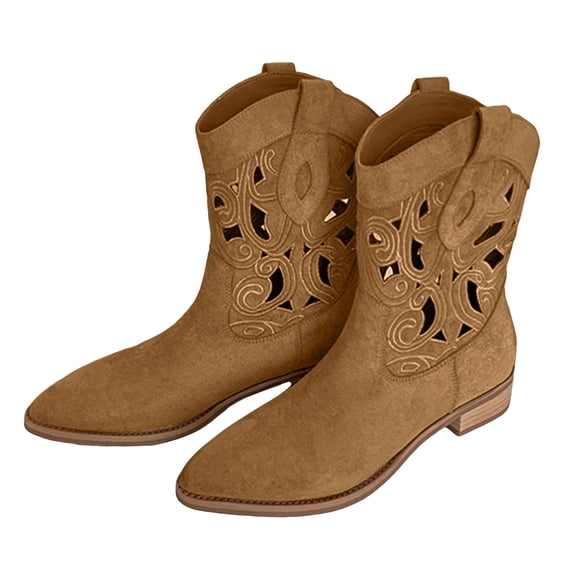 Cowboy Boots for Women Suede Hollow out Embroidery Chunky Heel Pointed Toe Pull on Ankle Booties