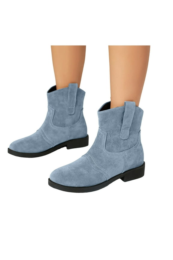 Cowboy Boots for Women Suede Round Toe Chunke Low Heel Booties Fashion Stitched Western Ankle Boots