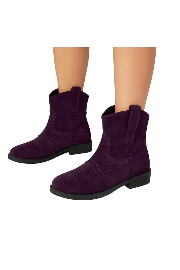 Cowboy Boots for Women Suede Round Toe Chunke Low Heel Booties Fashion Stitched Western Ankle Boots