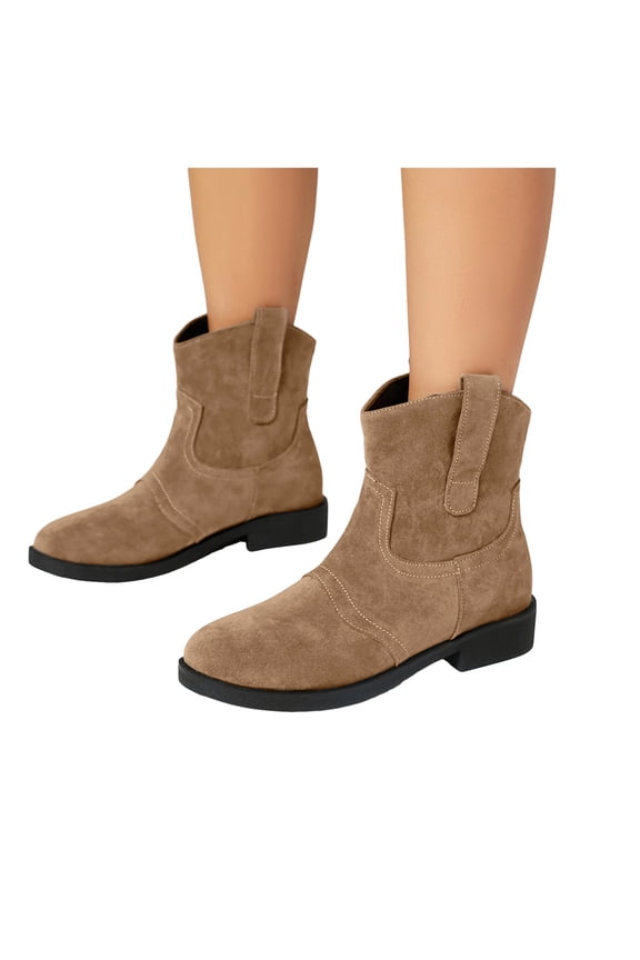 Cowboy Boots for Women Suede Round Toe Chunke Low Heel Booties Fashion Stitched Western Ankle Boots