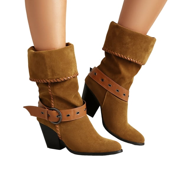 Cowboy Boots for Women Trendy Stitching Suede Buckle Strap Pull on Mid Calf Western Booties Chunky Heel Pointed Toe Fold Over Short Cowgirl Boots