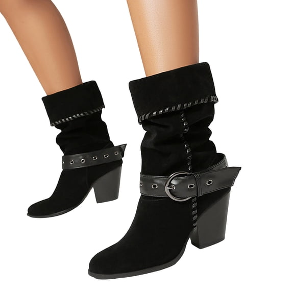 Cowboy Boots for Women Trendy Stitching Suede Buckle Strap Pull on Mid Calf Western Booties Chunky Heel Pointed Toe Fold Over Short Cowgirl Boots