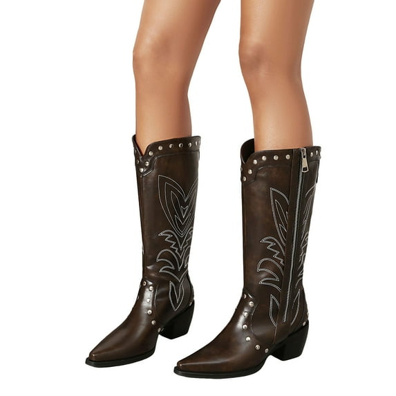 Cowboy Boots for Women Vintage Studded Western Embroidery Pointed Toe Stacked Heel Zipper Mid Calf Cowgirl Booties